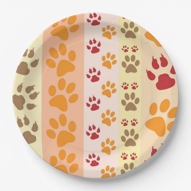 Cute Animal Paw Prints Pattern in Natural Colours Paper Plate (Front)