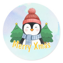 Cute Animal Penguin Blue Watercolor Merry Xmas