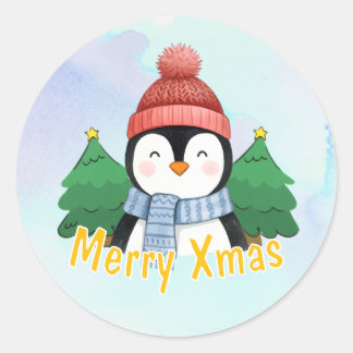 Cute Animal Penguin Blue Watercolor Merry Xmas Classic Round Sticker