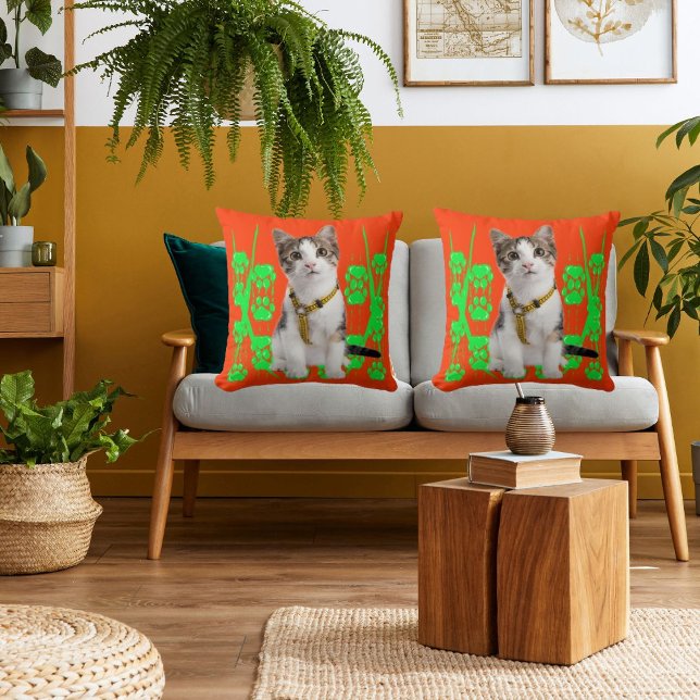 Cute Animal Pet Cat Cool Lime And Orange Modern Cushion (Creator Uploaded)