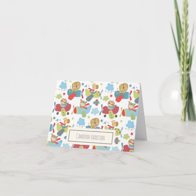 Cute Animal Pilot Flying Planes Whimsical Pattern Note Card (Front)