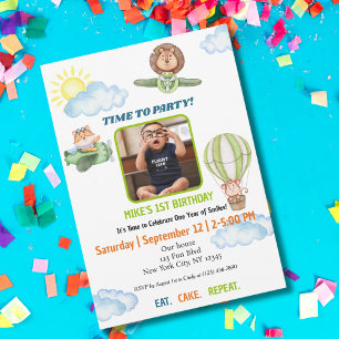 Cute Animal Pilots,Photo,Travel First Birthday Invitation