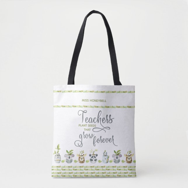 Cute Animal Potted Plants and Teacher Quote Tote Bag (Front)