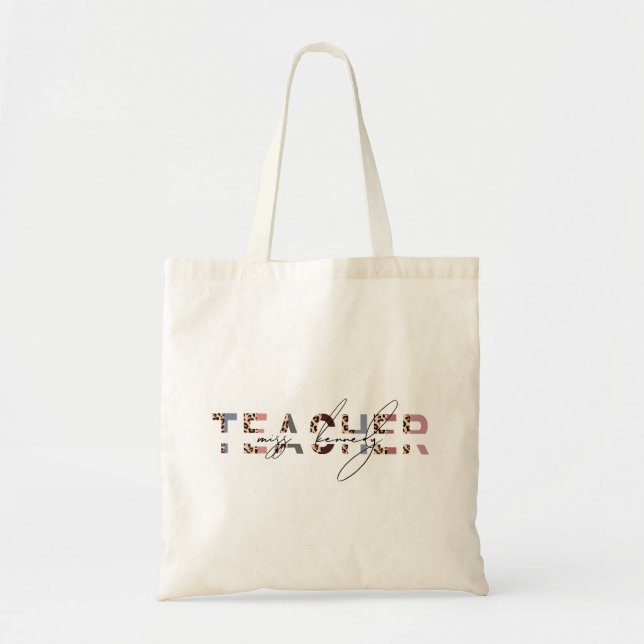 Cute Animal Print & Pink Teacher Name Tote Bag (Front)