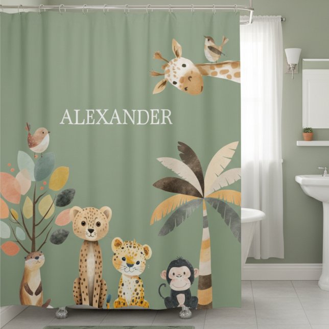 Cute Animal Shower Curtain (whimsical cute animal giraffe monkey green shower curtain for jungle or safari themed bathroom)