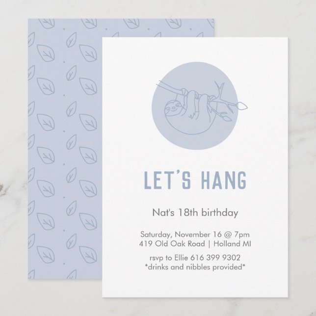 Cute Animal Sloth Simple Modern Blue Birthday Invitation (Front/Back)