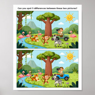 Cute Animal Spot the Difference Poster for Kids