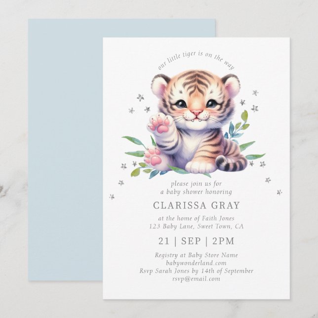 Cute Animal Tiger Stars Blue Baby Shower Invitation (Front/Back)