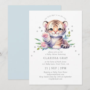 Cute Animal Tiger Stars Blue Baby Shower Invitation