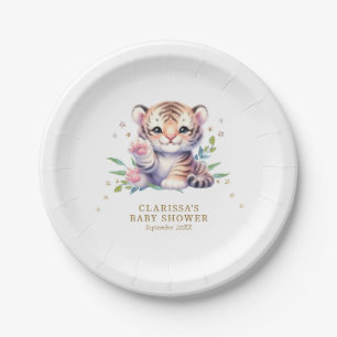 Cute Animal Tiger Stars White Baby Shower Paper Plate