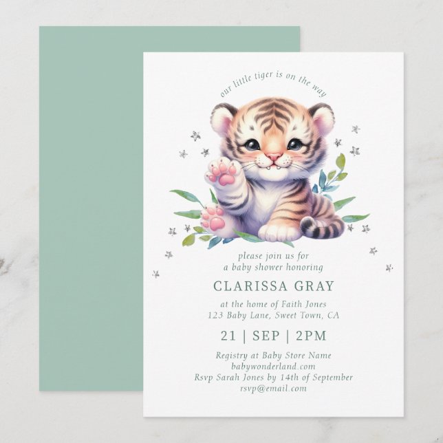 Cute Animal Tiger Stars White Green Baby Shower Invitation (Front/Back)
