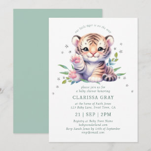 Cute Animal Tiger Stars White Green Baby Shower Invitation