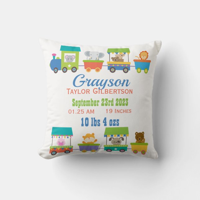 Cute Animal Train Baby Birth Announcement Cushion (Front)