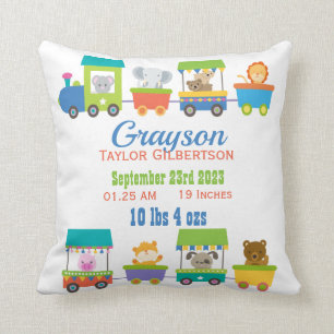 Cute Animal Train Baby Birth Announcement Cushion