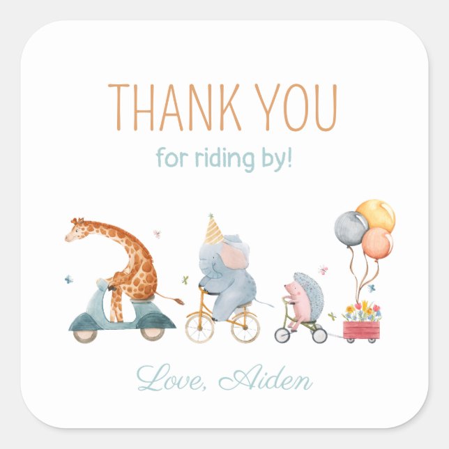 Cute Animal Train Neutral Birthday Party Square Sticker (Front)