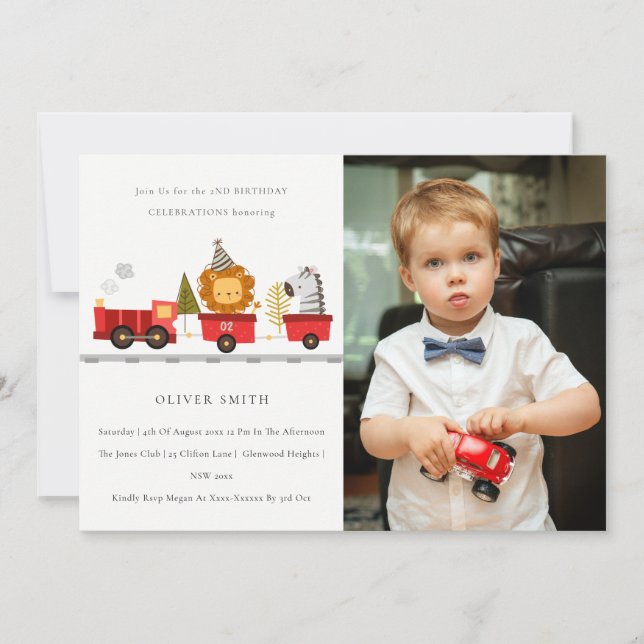 Cute Animal Train Photo Any Age Birthday Invite (Front)