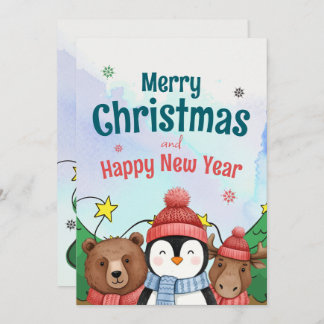 Cute Animal Watercolor Christmas Blue color Holiday Card