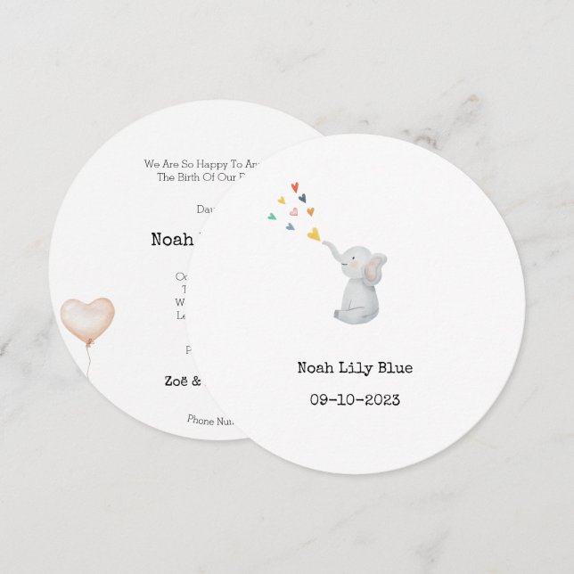 Cute Animal Watercolor Elephant Hearts Card (Front/Back)