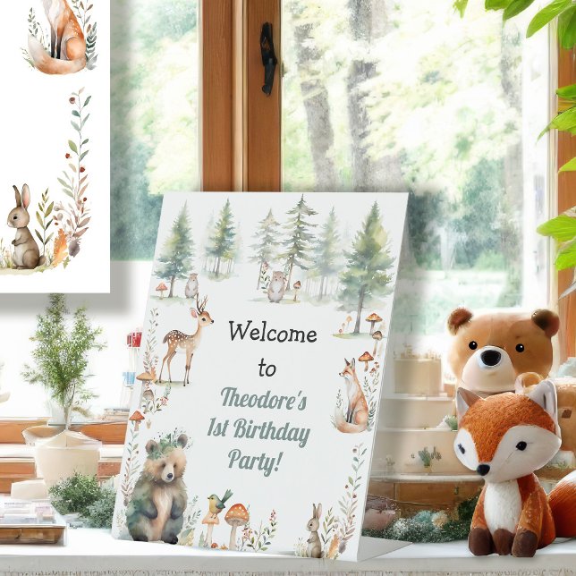 Cute Animal Woodland Forest Bear Deer 1ST Birthday Pedestal Sign (Creator Uploaded)