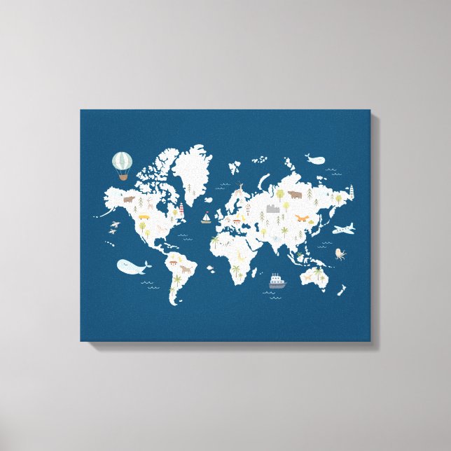Cute Animal World Map Canvas Print (Front)