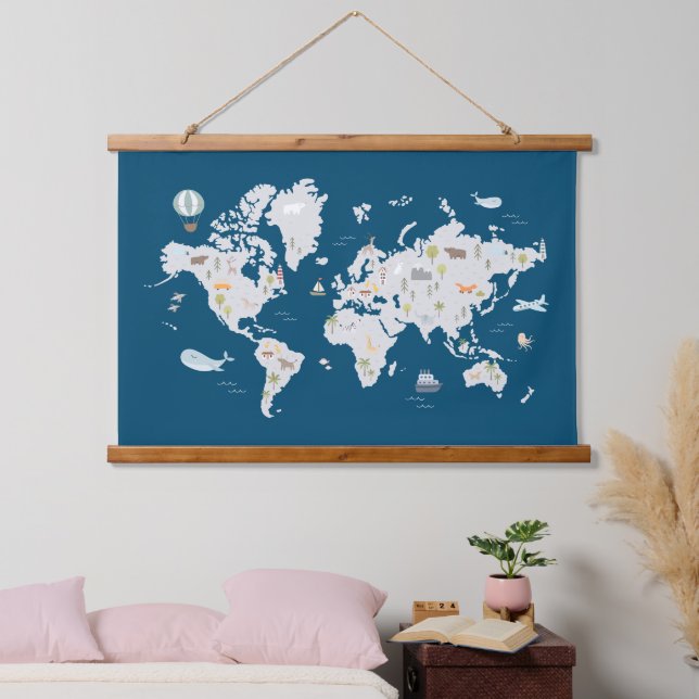 Cute Animal World Map Hanging Tapestry (Bedroom)
