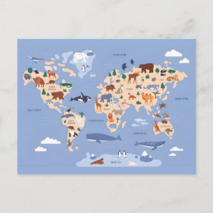 Cute Animal World Map Holiday Postcard