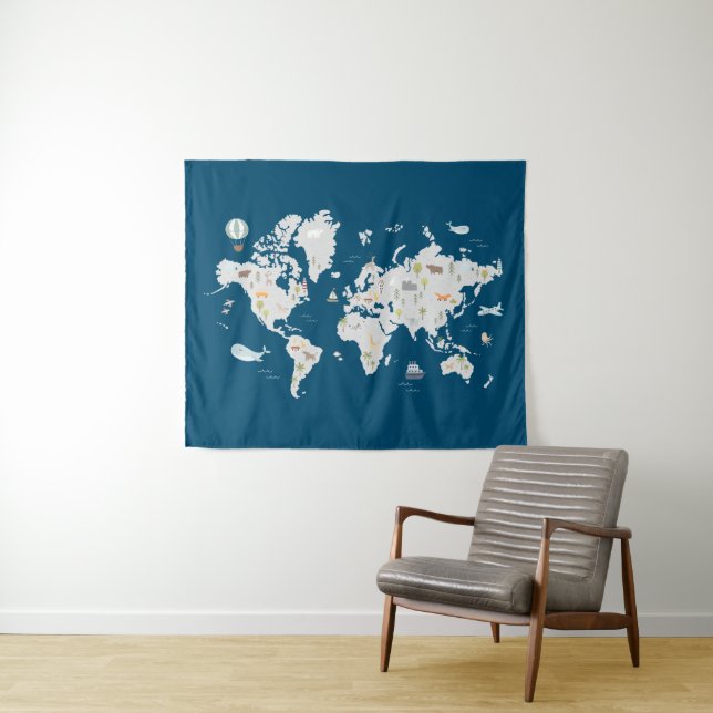 Cute Animal World Map Tapestry (In Situ (Horizontal))