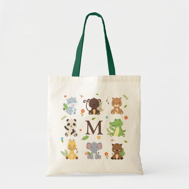 Cute Animal Zoo Wildlife Kids Initial Tote Bag (Front)