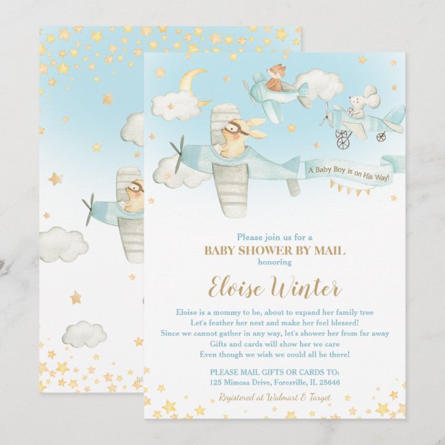 Cute Animals Aeroplanes Plane Baby Shower by Mail Invitation (Front/Back)