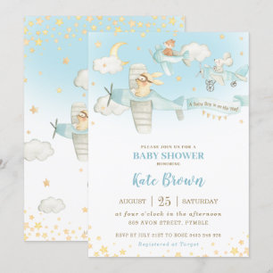 Cute Animals Aeroplanes Stars Sky Baby Shower Boy Invitation