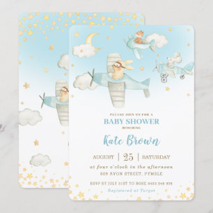 Cute Animals Aeroplanes Stars Sky Baby Shower Boy Invitation