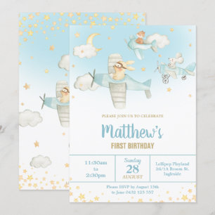 Cute Animals Aeroplanes Stars Sky Birthday Boy Invitation