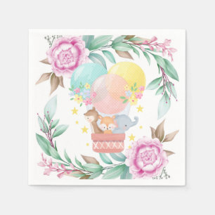 Cute Animals and Pink Peony Baby Shower Napkin