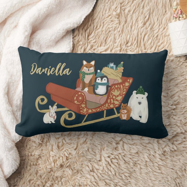 Cute Animals and Sleigh Modern Name Christmas Lumbar Cushion (Blanket)