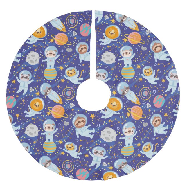 Cute Animals Astronauts Brushed Polyester Tree Ski Skirt (Front)