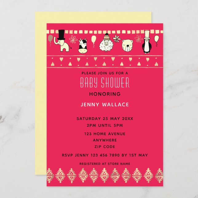 Cute Animals Baby Shower Dark Cerise Background Invitation (Front/Back)