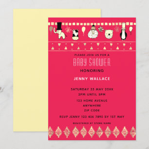 Cute Animals Baby Shower Dark Cerise Background Invitation