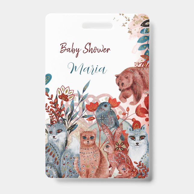 Cute Animals baby shower invitation red and blue ID Badge (Front)
