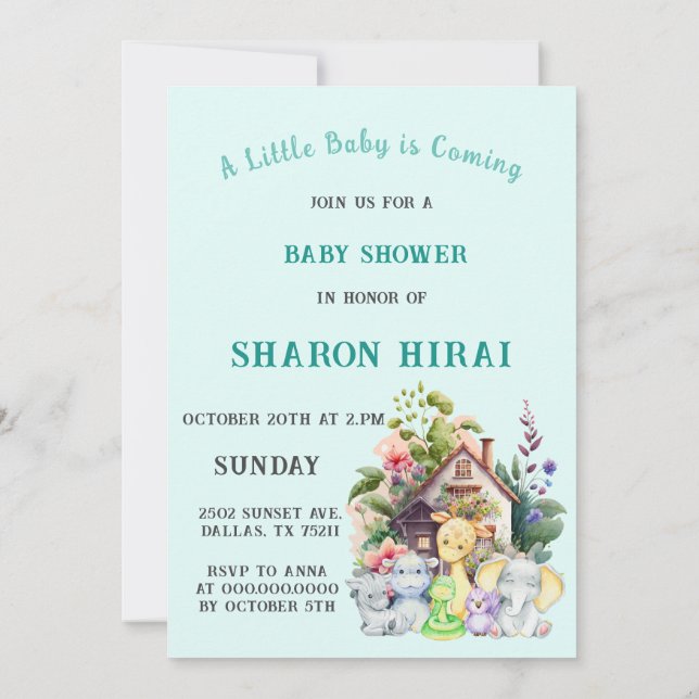 Cute Animals Baby Shower Invitation | Turquoise (Back)