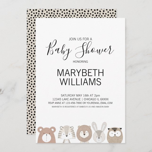 Cute Animals Baby Shower Party Invitation Card (Front/Back)