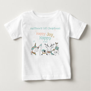 Cute Animals Baby's 1st Christmas Happy Happy Joy Baby T-Shirt