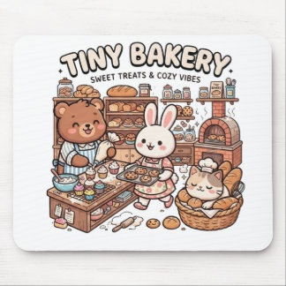 Cute animals baking cupcakes and bread in a miniat mouse mat