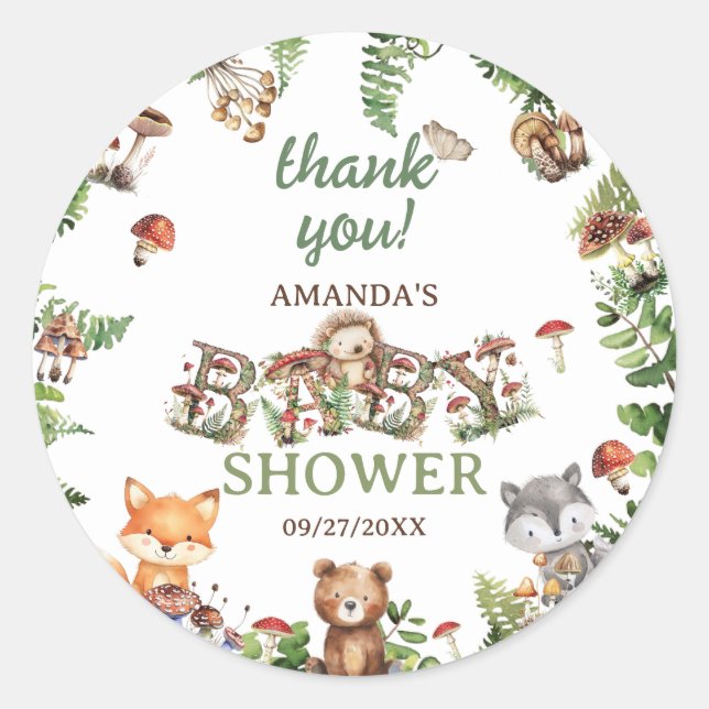 Cute Animals Botanical Baby Shower Thank you Classic Round Sticker (Front)