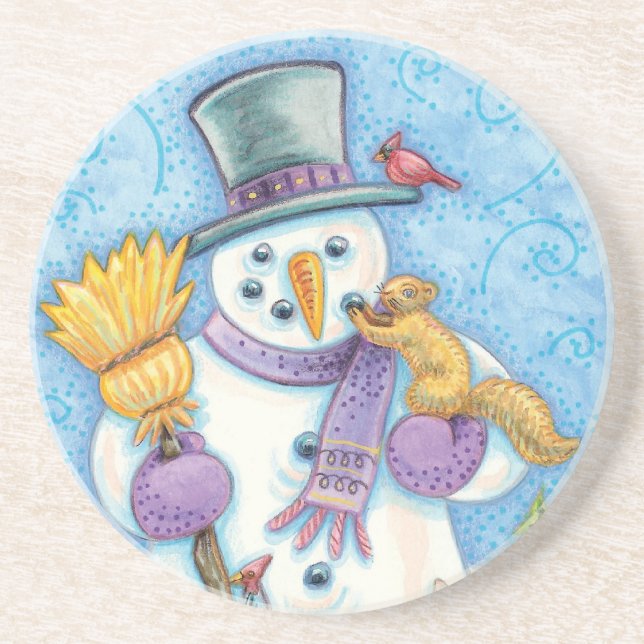Cute Animals Building a Snowman for Christmas Coaster (Front)