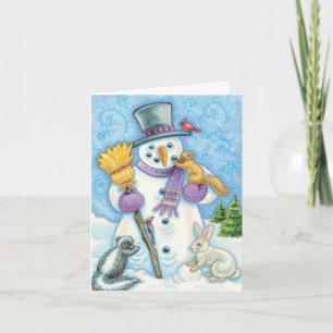 Cute Animals Building a Snowman for Christmas Holiday Card