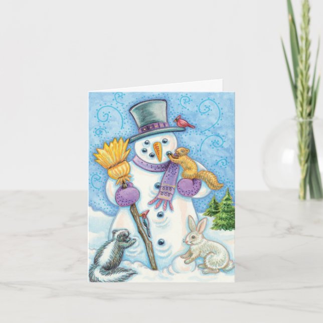 Cute Animals Building a Snowman for Christmas Holiday Card (Front)