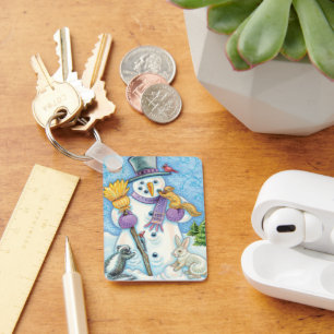 Cute Animals Building a Snowman for Christmas Key Ring