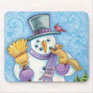 Cute Animals Building a Snowman for Christmas Mouse Mat