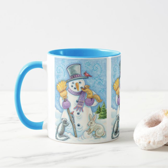 Cute Animals Building a Snowman for Christmas Mug (With Donut)