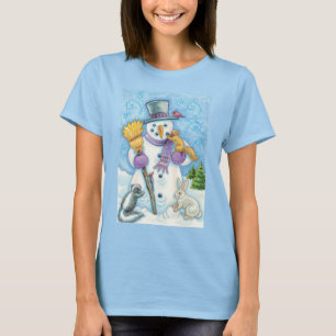 Cute Animals Building a Snowman for Christmas T-Shirt